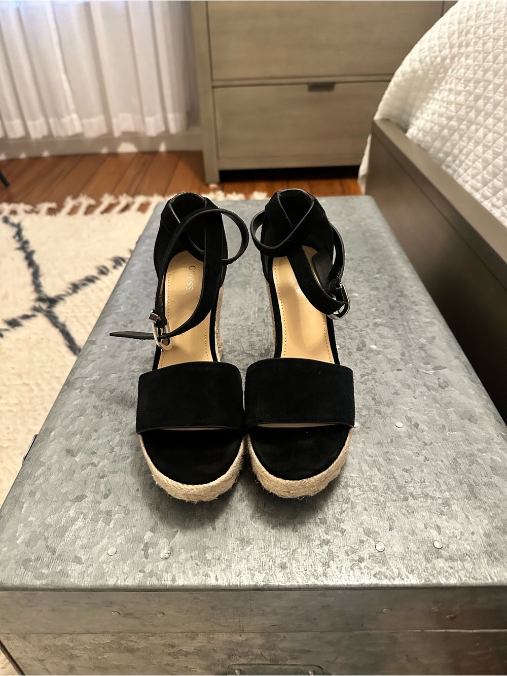 Black Suede Espadrille Wedge Sandals with Ankle Strap
